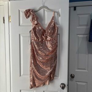 Elegant Sequin Pnina Tornai One-Shoulder Bow Dress in Pearl Pink